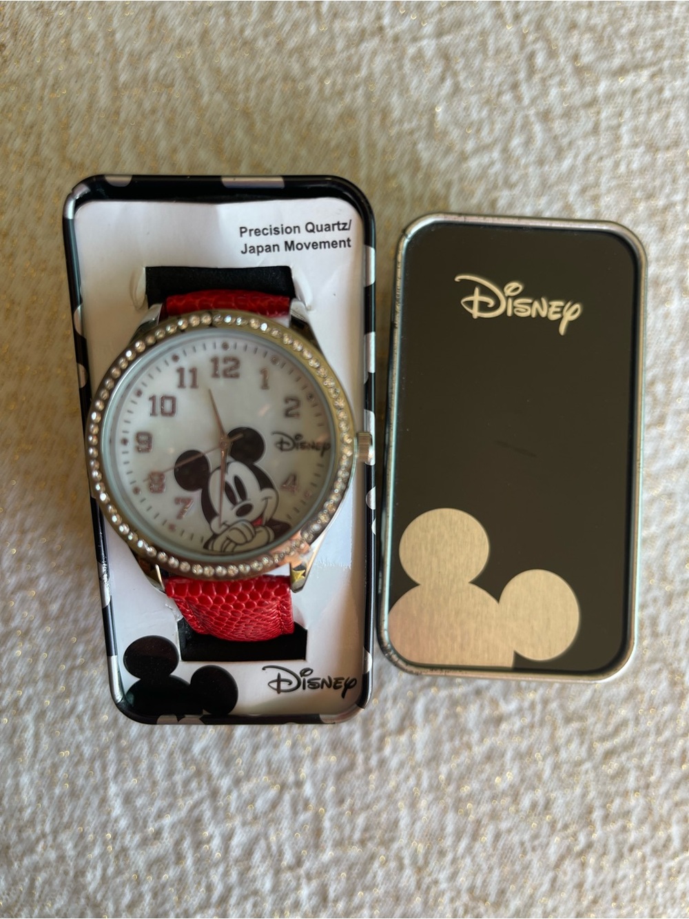Disney Red Textured Leather Strap Watch with Silver Caseback